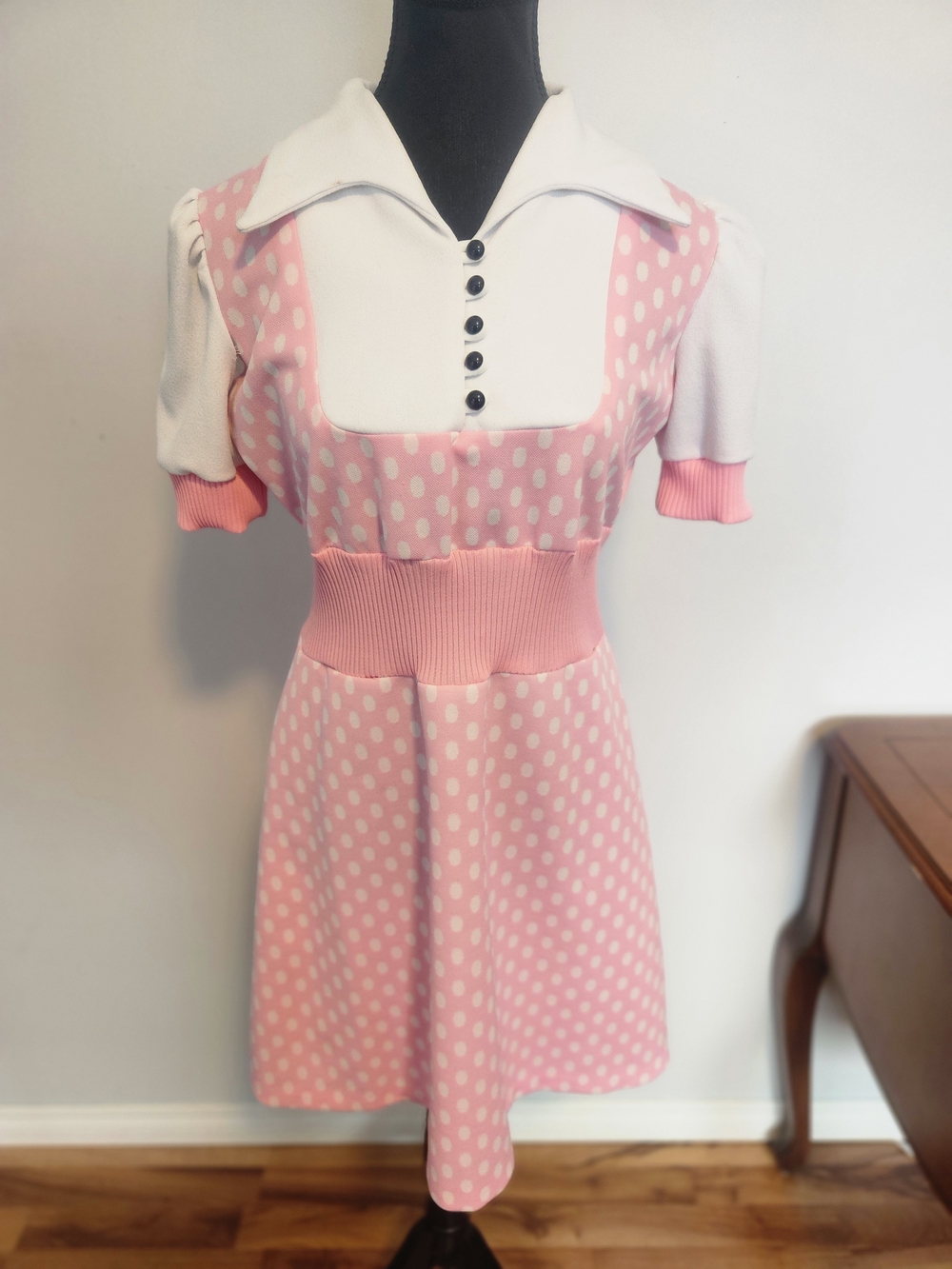 Vintage Pink Polka Dot Knit Dress with White Collar